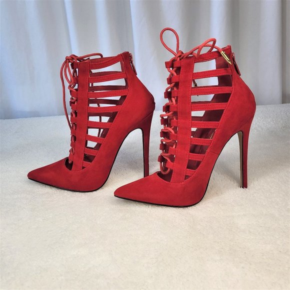 ☆ Alba Red Cage Cut Pointy Toe Lace Up Ankle Boots - Picture 4 of 9